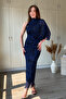 One-Shoulder Halter Neck Draped Elegant Shimmering Maxi Tulle Navy Blue Dress - 2
