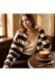 Women's Striped Crew Neck Gold Buttoned Knitwear Knitted Cardigan Jacket - 2