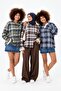 Women's Light Blue Brown Plaid Oversized Shirt with Lace Detail, Long Sleeve, Relaxed Fit - 4