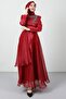 Stoned Organza Evening Dress Claret Red - 3