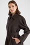 Epaulet Detailed Large Size Water Repellent Long Trench Coat Brown 6899 - 6