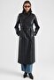 Cape and Buckle Detailed Crush Leather Trench Coat Black 6900 - 4