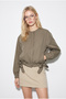 Women's Khaki Crew Neck Buttoned Side Tie Detailed Lined Short Trench Coat 2818 60286459 - 2