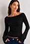 Women's Black Boat Neck Soft and Flexible Fabric Wide Sleeve Body-Fitting Blouse 91982