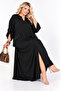 Plus Size Stone Detailed V-Neck Pocketed Slit Long Black Women's Dress - 7