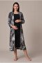 Women's Black Lace Long Sleeve Patterned Maternity Nightgown Set with Easy Breastfeeding Dressing Gown - 2