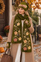 Women's Hand Knitted Floral Embroidered Beanie Shawl Fingerless Gloves Set of 3 – Olive Green - 2