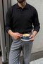 Arco Premium Textured Knitwear Buttoned Polo Collar Long Sleeve Black Men's Sweater