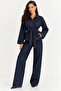 Women's Dark Navy Blue Denim Belted Jacket & Wide Leg Jeans Two-Piece Set