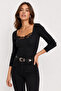 Women's Black Lace Detailed Square Neck Long Sleeve Camisole Blouse - 8