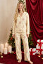 Light Yellow Christmas Themed Patterned Thermal Fabric Ultra Soft Soft Buttoned Knitted Pajama Set - 2