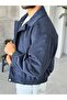 Corduroy Zippered Bomber Jacket S - Dark Blue - 3