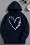 Unisex 3 Thread Cotton Navy Blue Heart-Butterfly Print Loose Fit Sweatshirt Hoodie