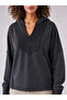 Women's Anthracite V-Neck Hooded Swea with Stitching Detail and Piece-Dye Washed Effect, 100% Cotton - 2