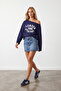 Women's Navy Blue Boat Neck Printed Modal Sweatshirt Alc-X15728 - 4