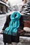 Puffy Soft Textured Thick Tasseled Women's Scarf Oversized Winter Shoulder Shawl Turquoise - 5
