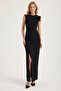 Long Front Slit Shoulder Flower Accessory Dress