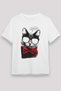 Cute Cat Printed Unisex White T-Shirt with Bow Tie