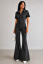 Women's Snow Black Short Sleeve Spanish Leg Lycra Stretchy Denim Jumpsuit - 2