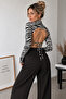Women's Ecru Zebra Backless Lace Detailed High Neck Long Sleeve Viscose Elastane Crop Blouse - 2