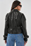Women's Belted Faux Leather Jacket 1006 - Black - 4