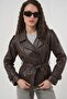 Women's Belted Faux Leather Jacket 1006 - Brown - 2