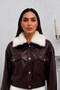Women's Leather Jacket Short Plush Collar Snap Button Double Pockets Long Sleeve Faux Leather Jacket Coat - 3
