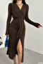 Brown Double-Breasted Collar Long Sleeve Slit Detail Sandy Fabric Dress - 2