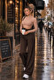 Women's Beige Color Backless Lace Detailed High Neck Long Sleeve Viscose Elastane Crop Blouse - 3