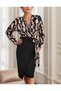 Women's Long-Sleeve Double-Breasted Neck Digital Print Bow Detail Satin Fabric Dress - 4