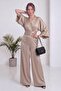 Women's Double-Breasted Satin Belted Evening Dress Jumpsuit Black, Beige