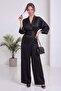 Women's Double-Breasted Satin Belted Evening Dress Jumpsuit Black, Beige - 5