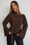 Half Turtleneck Draped Belt Buckle Wide Sleeve Brown Blouse - 2