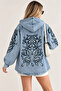 Women's Light Blue Denim Sequin Floral Embroidered Hooded Oversize Denim Jacket - 5