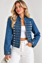 Women's Blue Cotton Soldier Collar Button Detailed Short Denim Jacket - 7