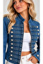 Women's Blue Cotton Soldier Collar Button Detailed Short Denim Jacket