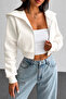 Nawly Ecru Winter Oversize 3 Thread Hooded Kangaroo Pocket Thick Sweatshirt Crop Zipper Cardigan