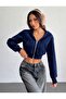 Trend Nawly 3 Thread Crop Zippered Hooded Crop Sweatshirt Cardigan