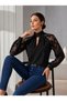 Women's Black Lace Sleeve High Neckline Stylish Blouse with Drop Neckline - 5