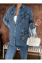 Women's Front Beaded Embroidered Denim Oversize Shirt