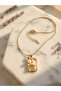 Vintage Design Rectangular Framed Double Pearl and Flower Detailed Zircon Stone Gold Steel Necklace