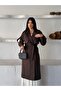 Women's Front and Back Windbreaker, Pocketed, Belted and Button Detailed Long Trench Coat, Brown - 5