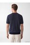 Vizyon New Season Navy Blue Crew Neck Striped Men's Knitwear T-Shirt - 4