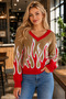 Women's V-Neck Long Sleeve Flame Patterned Color Garnished Special Design Stylish Elegant Camel Knitwear Sweater