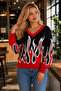 Women's V-Neck Long Sleeve Flame Patterned Color Garnished Special Design Stylish Elegant Black Knitwear Sweater - 6