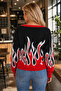 Women's V-Neck Long Sleeve Flame Patterned Color Garnished Special Design Stylish Elegant Black Knitwear Sweater - 3