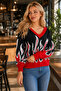 Women's V-Neck Long Sleeve Flame Patterned Color Garnished Special Design Stylish Elegant Black Knitwear Sweater - 2