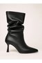 Women's Black Drawstring Leather Heeled Boots