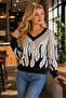 Women's V-Neck Long Sleeve Flame Patterned Color Garnished Special Design Stylish Elegant Beige Knitwear Sweater - 5