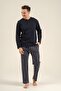 Men's Navy Blue 100% Cotton Pajama Set, Buttoned Collar, Pocket Detail - 4